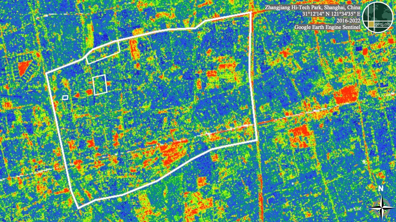 Figure 1: Sentinel Imagery snapshot of Zhangjiang Park (2016-2022) with three smaller Hi-Tech Industrial Parks outlined in white.