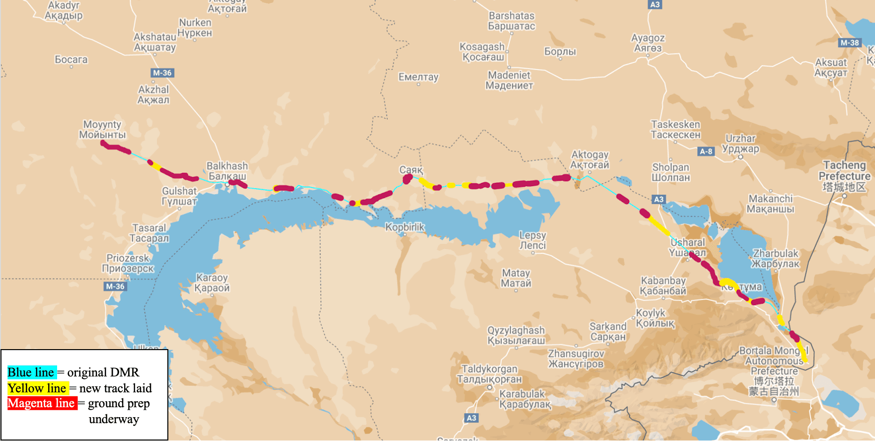 Map showing the DMR route, new track and sand laid, as well as regional borders. Original work compiled by the authors from imagery analysis, mapping base from Google Earth.