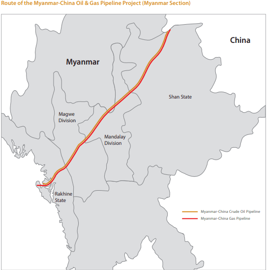 Picture of oil and gas pipeline route from China border to Kyaukphyu