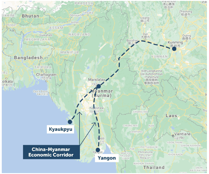 Map of Myanmar with dotted line path from Kunming to Mandalay that splits into a Y-shape with separate lines going to Kyaukphyu and Yangon